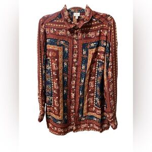 Dressbarn Paisley, floral button shirt, long sleeve 100% poly navy burgu…